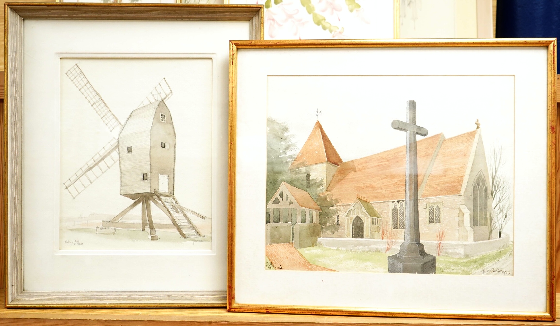 John Skelton (1925-2009), ‘Nutley Mill’ and a view of a church, each signed and dated '79 and 1995, two watercolours, largest 29 x 35cm, Provenance: from the artist's family